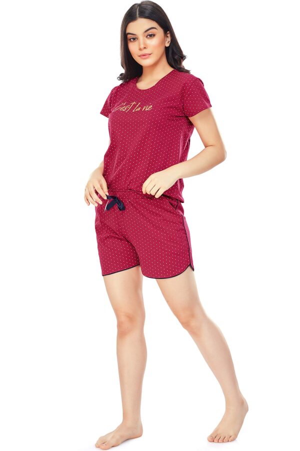 ZEYO Women's Cotton Dot Printed Maroon Red Night Suit Set of Top & Shorts 5228 - Image 5