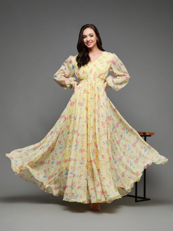 Miss Chase Women's V-Neck Bishop Sleeve Floral Gathered Pocketed Maxi Dress - Image 3