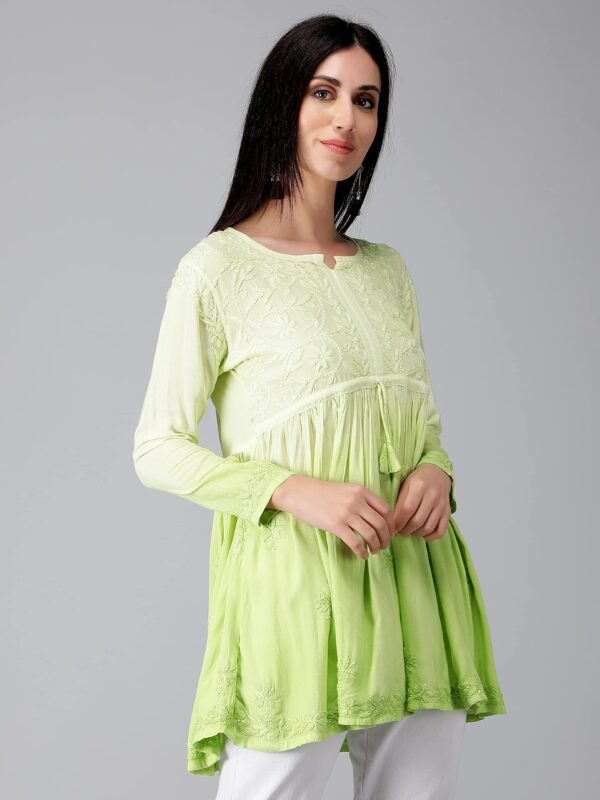 Seva Chikan Hand Embroidered Lucknowi Chikankari Lime Green Rayon Cotton Short A-line Top Tunic for Women - Image 4