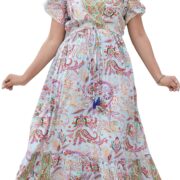 Yash Gallery Women's Polyester V-Neck Ruffle Sleeve Digital Printed Tiered Maxi Dress for Women
