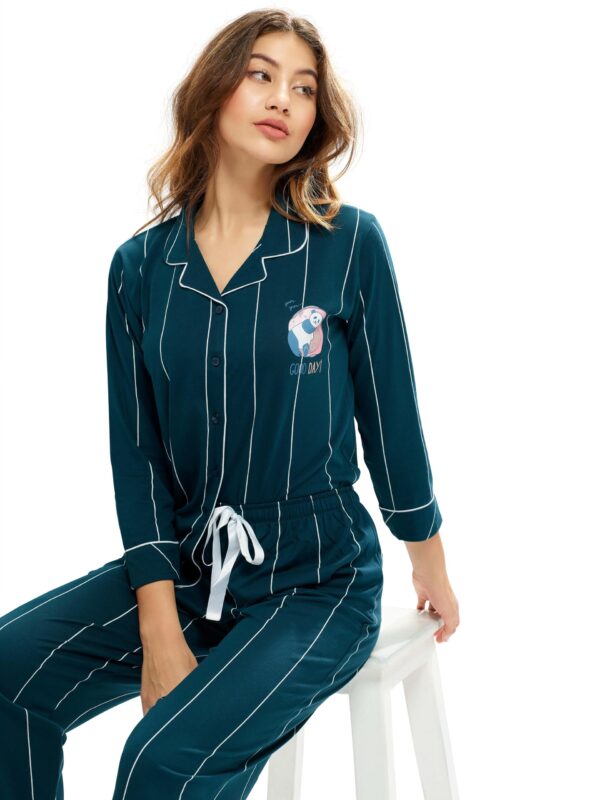 LOTIK Women's Cotton Teal Blue Strip Printed Front-Open Full Sleeve Nightsuit - Image 4