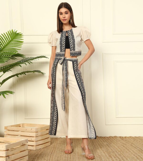 DEEBACO Solid with Printed Cotton Flex Shrug with Flap Pants Women's Co-Ord Set|Puff Sleeves Round Neck Long Length Relax Fit Summer Western Casual Wear Ladies Cord Set - Image 2