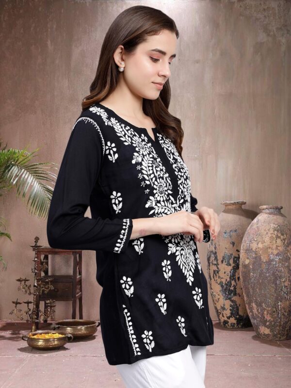 Seva Chikan Hand Embroidered Black Modal Lucknowi Chikankari Top - Image 3