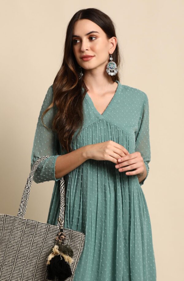 Janasya Women's Green Dobby Chiffon Self Design Flared Western Kurta - Image 5