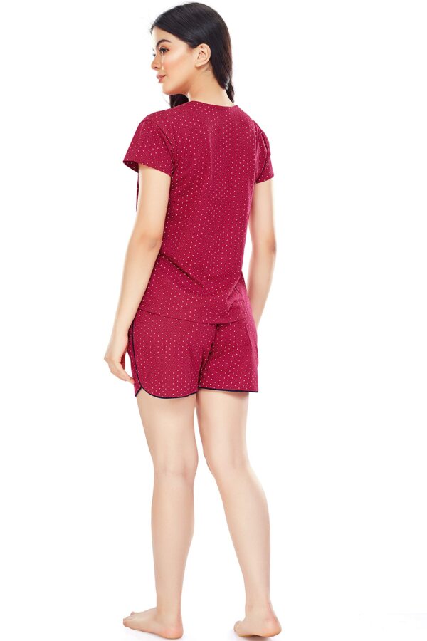 ZEYO Women's Cotton Dot Printed Maroon Red Night Suit Set of Top & Shorts 5228 - Image 6