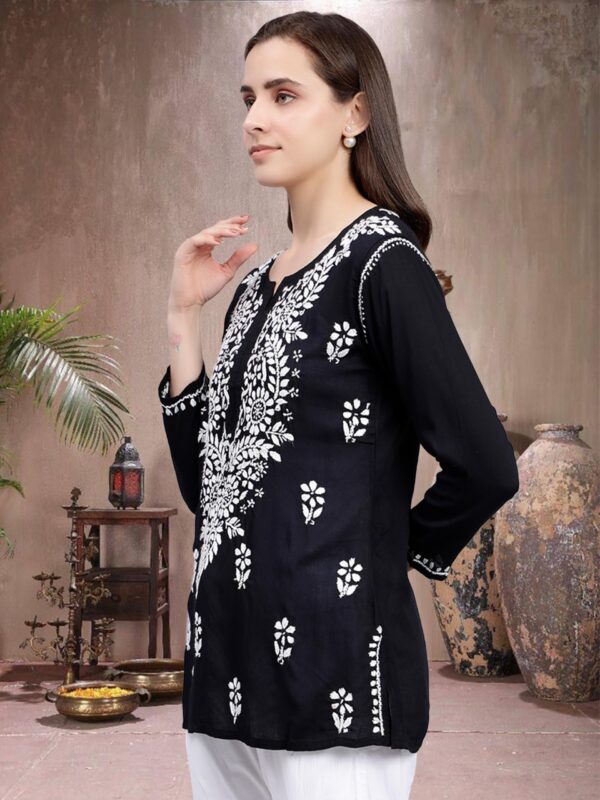 Seva Chikan Hand Embroidered Black Modal Lucknowi Chikankari Top - Image 8