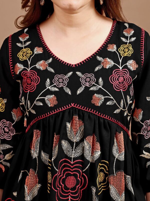 Womanista Women's Black Colour Linen Multi Thread Embroidery Flared Tunic with Trouser coord Set - Image 5
