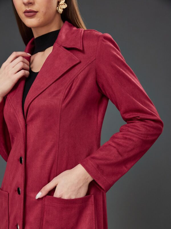 Miss Chase Women's Solid V-Neck Full Sleeves Patched Pocketed Polyester Button Down Longline Winter Wear Jacket - Image 4