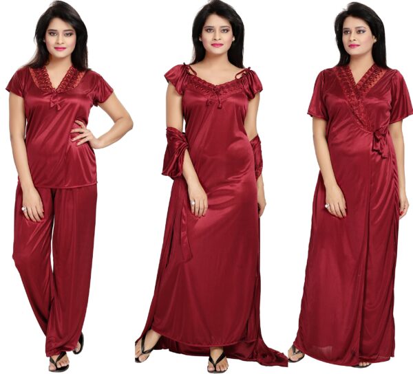 Noty Women's Satin Solid Nightwear Pajama Set Pack Of 4