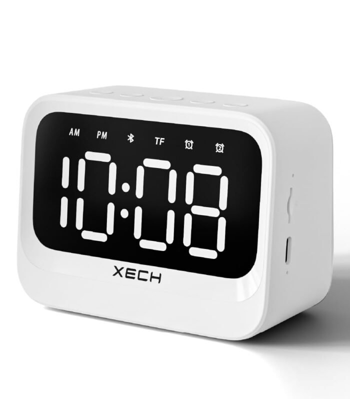 Xech Plastic Alarm Clock For Students And Heavy Sleepers Mini Digital Clock With Speaker Dual Alarm USB C Powered Loud Alarm For Table For Kids Bedroom Study (Eon) (White), 3.81 Cm, 10.8 Cm