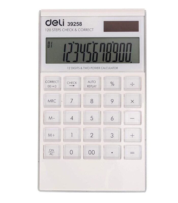 Deli W39258 12 Digit Big Size Financial Calculator with 120 Steps Check and Auto Correct Option | White