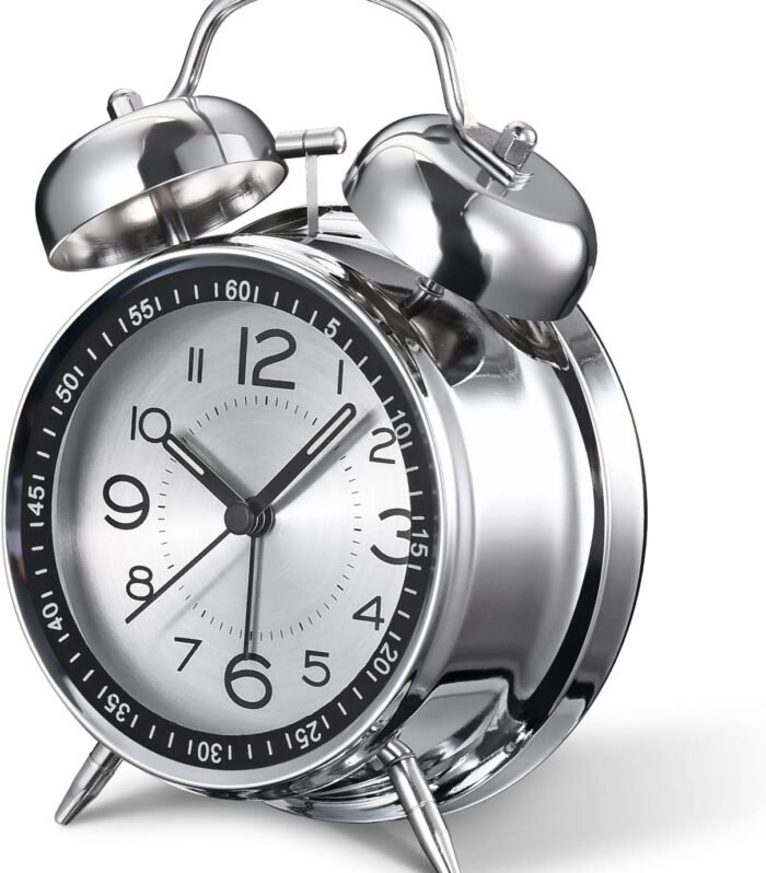 Rexez Table Clock Super Loud Alarm for Heavy Sleepers Retro Twin Bell Metal Frame Clock with Night Backlight Function Bedside Luminous Alarm for Bedroom/Office/Home (Metal Silver 4 inches)