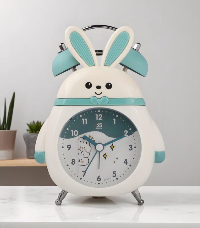 De'rons Twin Bell Analog Table Alarm Clock for Heavy Sleepers with Backlight Alarm Clock for Study Table Funny Cute Cartoon Rabbit Shape Alarm Clock for Girls Kids Boys Bedroom 11x 16 cm (Green)