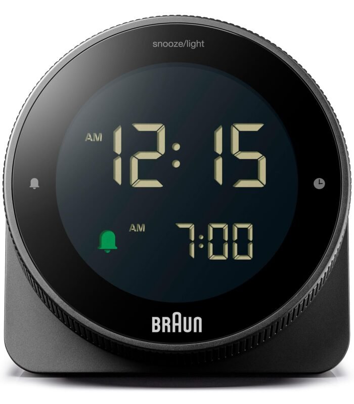 Braun Digital Plastic Alarm Clock with Snooze, Negative LCD Display, Rotating Bezel for Quick time Setting, Crescendo Beep Alarm in Black, Model BC24B.