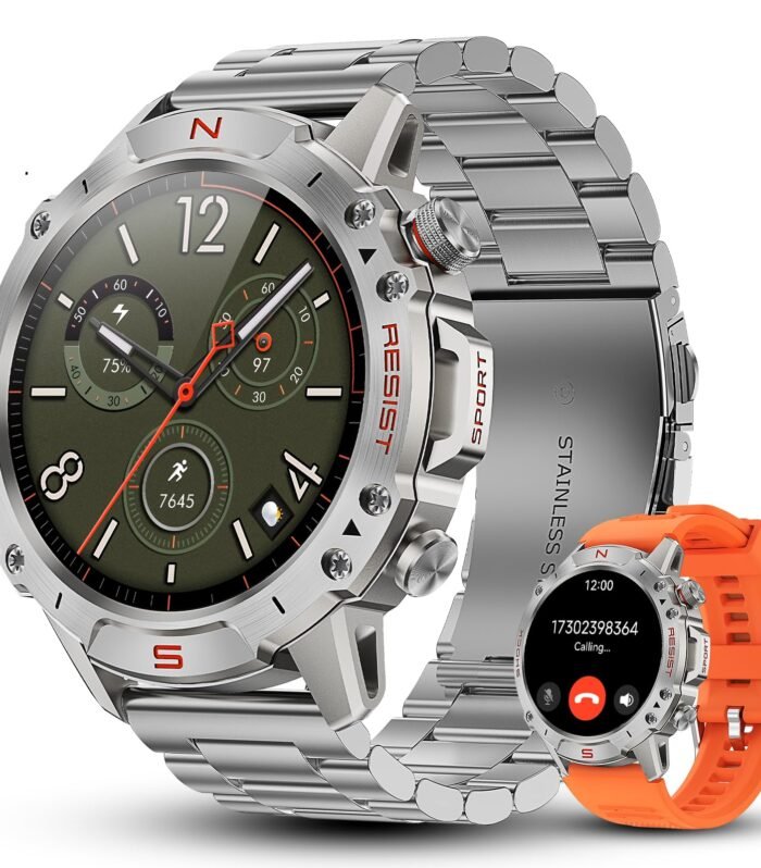 WalkerFit Smart Watch for Men, 1.43" Round AMOLED, 5ATM Waterproof for Swim, Heart Rate & Sleep Monitor, Long Battery, Outdoor Activity Tracker, Voice Control&Bluetooth Call, for iPhone Android,Silver