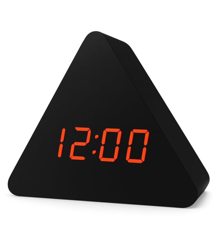 Black Wooden Triangle Digital Alarm Clock with LED Display, Temperature Date Display, Green Numbers, USB Included, Battery Backup for Home & Office