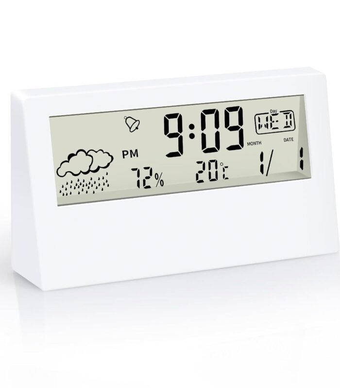 KADIO Plastic Digital Alarm Clock, Transparent LCD Display with Indoor Temperature, Humidness, Snooze, Date,Week,12/24H, Battery Operated Alarm Clock Desk Clock for Bedrooms, Living Room, White
