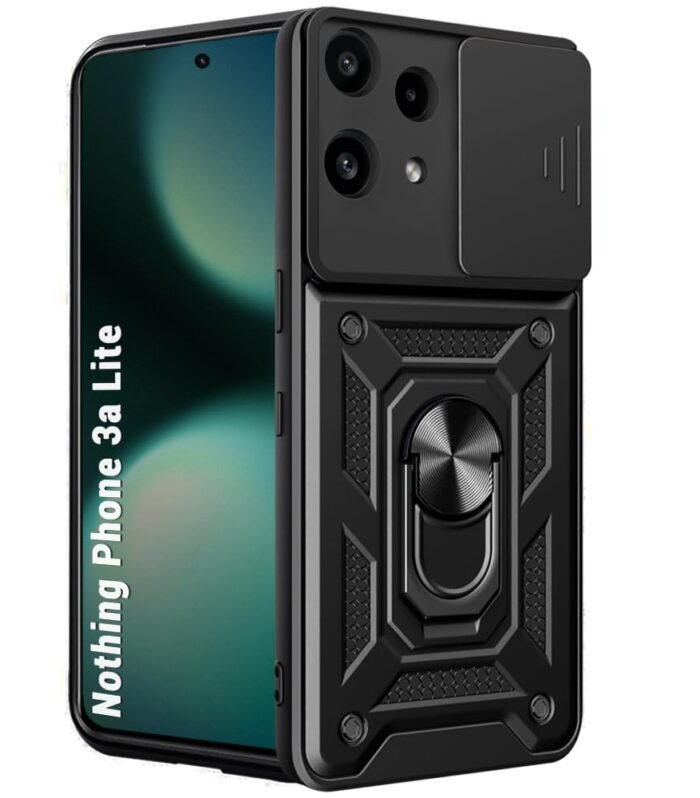 TheGiftKart Tough Armor Bumper Back Cover Case for Nothing Phone 3a Lite 5G | Sliding Camera Cover, Kickstand & Ring Holder | 360° Protection Back Cover for Nothing Phone 3a Lite 5G (PC & TPU, Black)