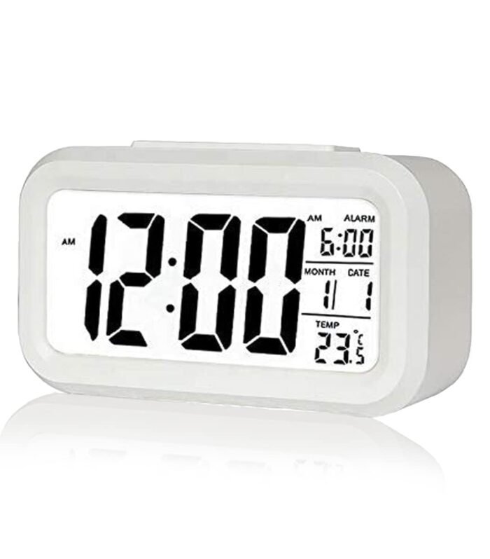 VHP Digital Alarm Clock for Students | 4.5" LED Display, Loud Alarm, Auto Sensor Nightlight, Time, Date & Temperature | Battery Operated Table Clock for Home, Office & Study (White)