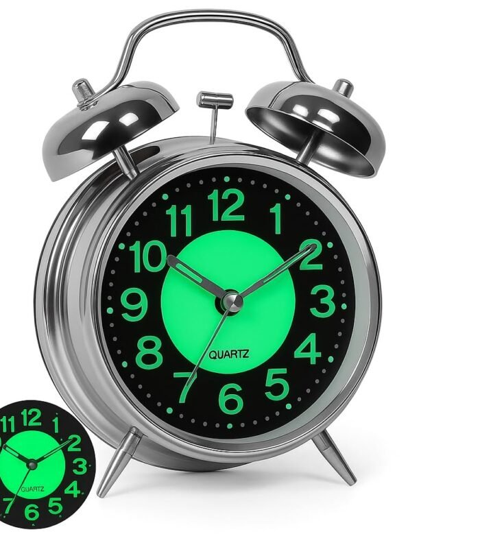 VernoCraft Silver Radium Metal Twin Bell Alarm Clock – Silent Sweep Movement High Volume Ring Adjustable Night Backlight Vintage Bedside Table Clock for Bedroom (Pack of 1)