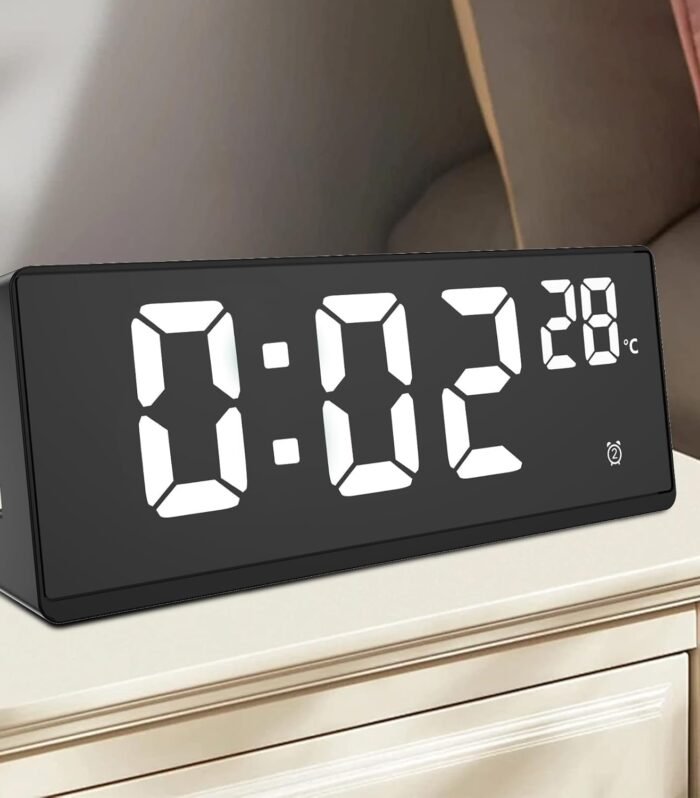 BUQARO Digital Alarm Clock for Bedroom and Desk – LED Timepiece with Time, Date, Temperature Display, Automatic Sensor, and Loud Alarm for Home, Office, and Students (Black)