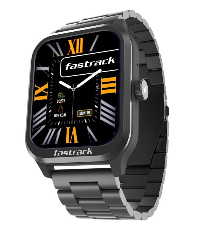 Fastrack Jupiter Retro 1.83" Display Smart Watch with BT Calling, Functional Crown, Metal Strap, 100+ Sports Modes, Health Suite, IP68 – Smartwatch for Man & Women Latest (Gun Black)