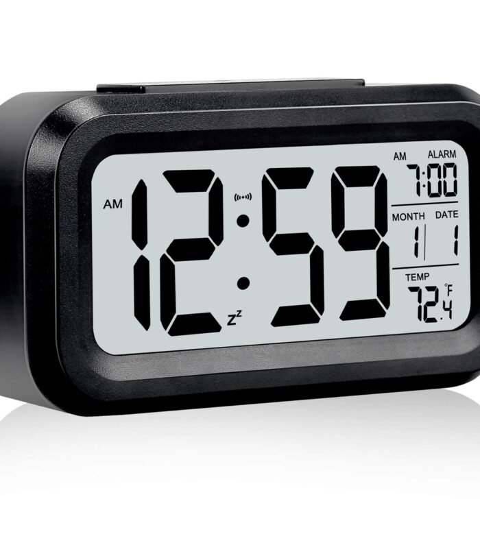 Digital Alarm Clock,Battery Operated Small Desk Clocks,with Date,Indoor Temperature,Snooze Function, LCD Electronic Clock for Bedroom Home Office - Dark Black