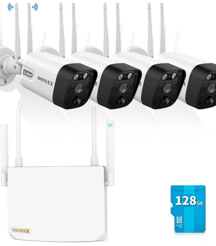 (2026 New) 5MP Wireless Security Camera System Outdoor, 4-Camera WiFi Surveillance System with 128GB TF Card, No Monthly Fee, Dual Antennas Stronger Signal, 130° Wide Angle, 2-Way Audio, IP66