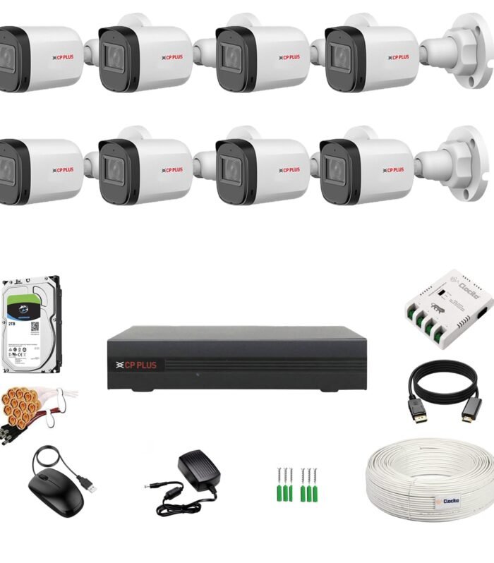 CP Plus 5MP 8 Channel DVR, 5MP 8 Bullet Cameras (Audio Recording) [Night Vision + Built-in MIC Audio + Crystal IR LEDs + Motion Detection] + 2 TB HDD + 8 CH SMPS + CCTV Cable + BNC/DC