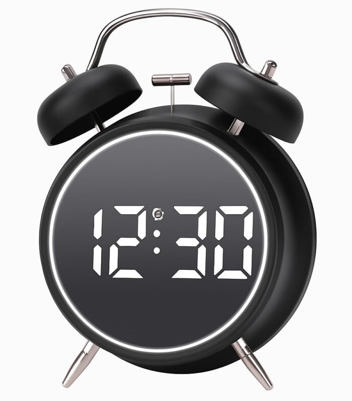 Honeytime Digital Alarm Clock, 4.5 Inch Twin Bell Intelligent LED Alarm Clock, Silent Metal Clock with Night Light, Bedside Loud Alarm Clock for Adults Kids Teenager (Big Black)