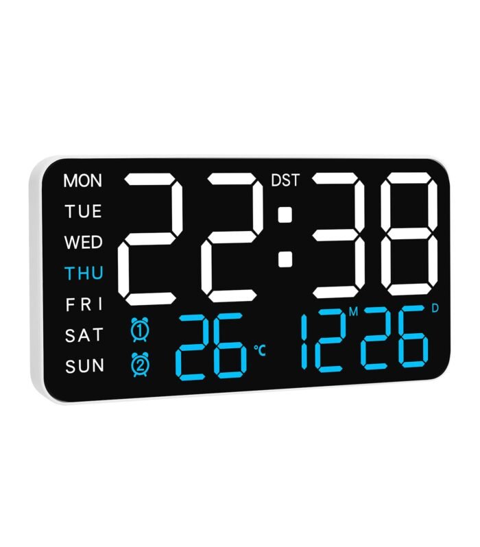 Large Digital Alarm Clock for Bedroom & Home - with Temperature, Date and Weekday Display, Adjustable Brightness & Volume, Dual Use for Desk or Wall Mount