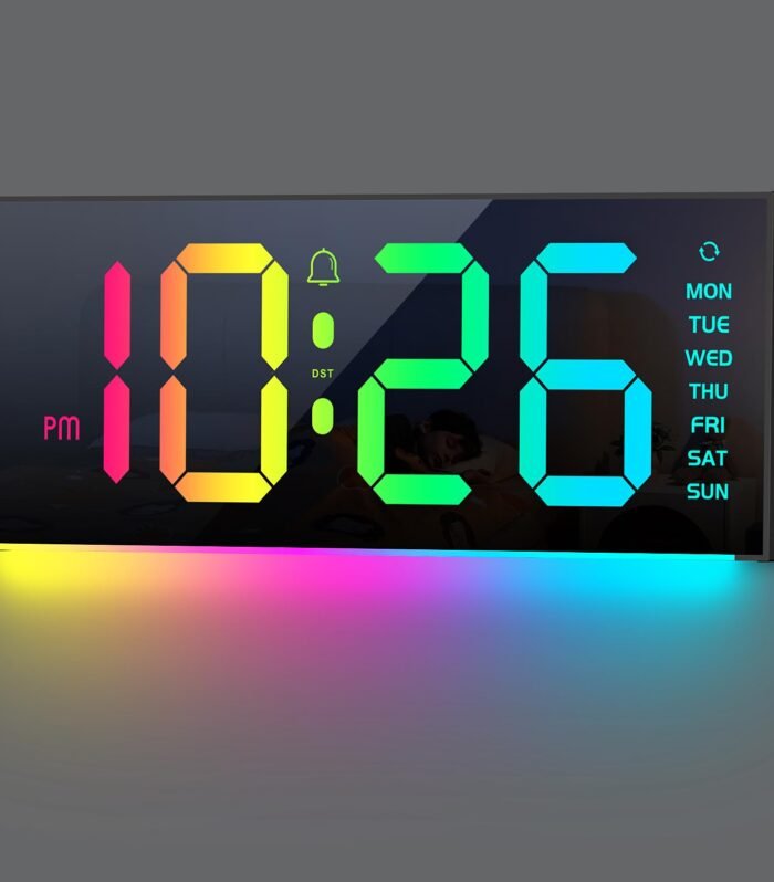 13" Digital Wall Clock Large Display, Alarm Clock with 12 RGB Colors Changing Remote Control, LED Clocks with Night Lights for Living Room Bedroom Office Wall Decor, Black(Not Including Adapter)
