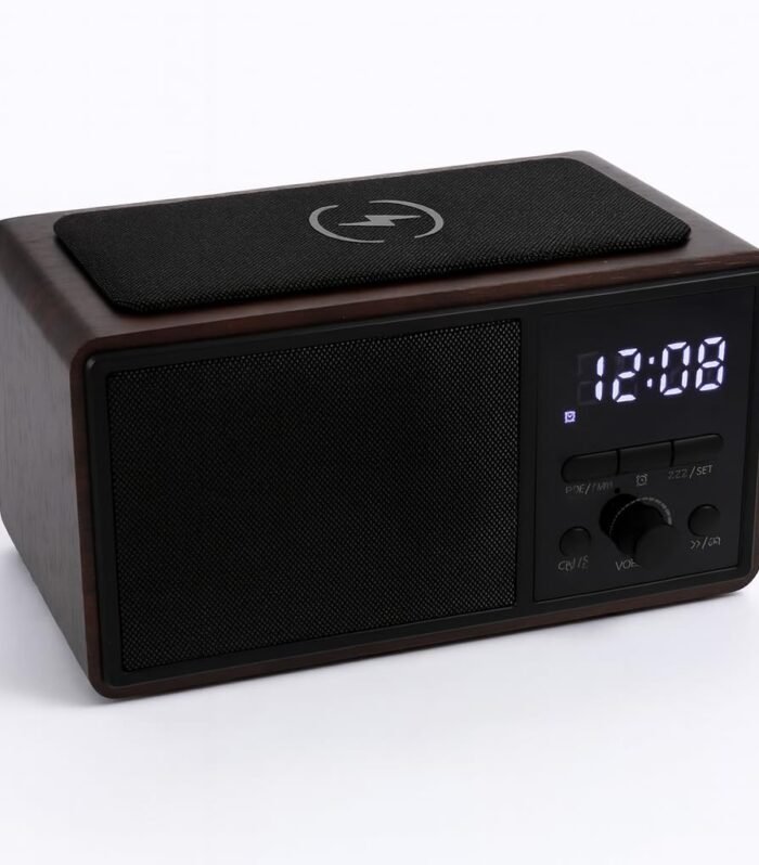 Carabay 2-in-1 Digital Alarm Clock with Bluetooth Speaker & FM Radio, Adjustable LED Display Dimmer, Wooden Finish, Brown