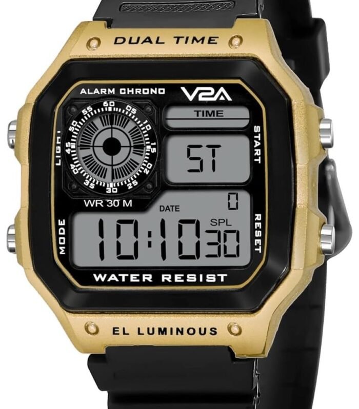 V2A Resin Chronograph Ultra-Thin Unisex Multi Function Digital Sports Watch (Black Dial-Gold), Black Band