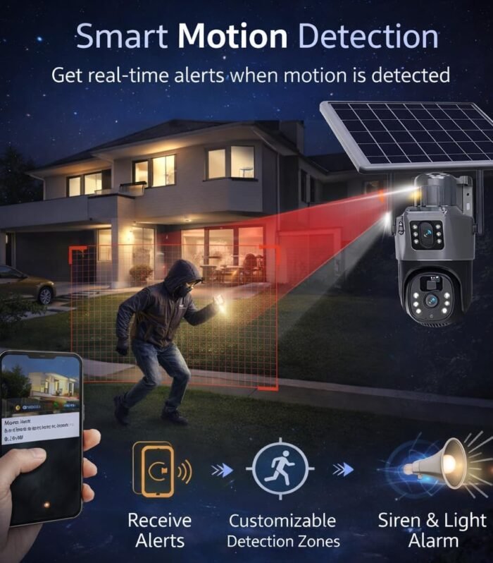6MP Dual Lens Solar Powered Security Camera Outdoor | 360° PTZ 4G CCTV Camera | Color Night Vision | Motion Detection | Two Way Audio & Mobile App V380 Pro (New Dual Lens Solar)