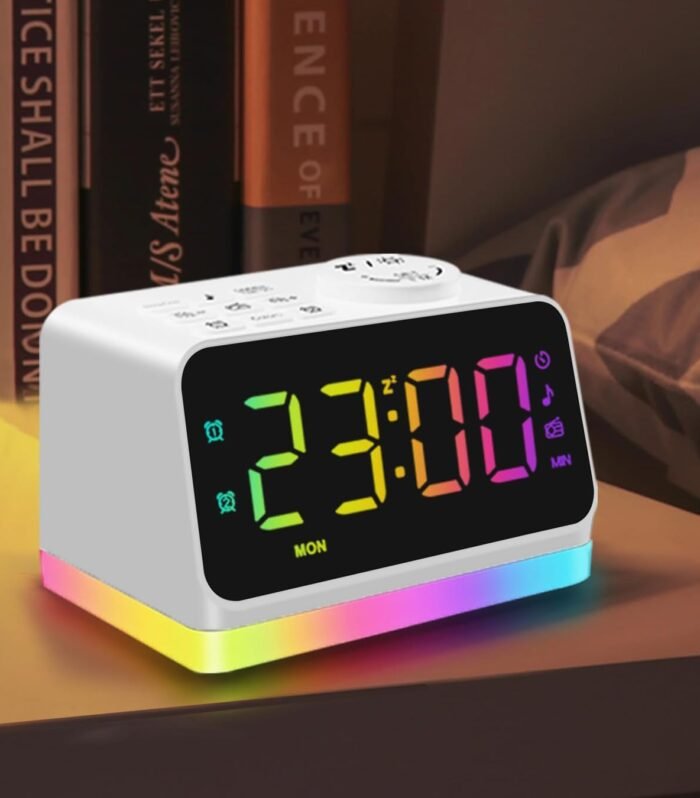 Digital Alarm Clock with FM Radio for Bedroom, 8 Colors Night Light with 2 Charging Port, Sleep Sound Machines with Timer, Dual Alarm, Loud Alarm and Easy to Use for Seniors and Kids as Gift