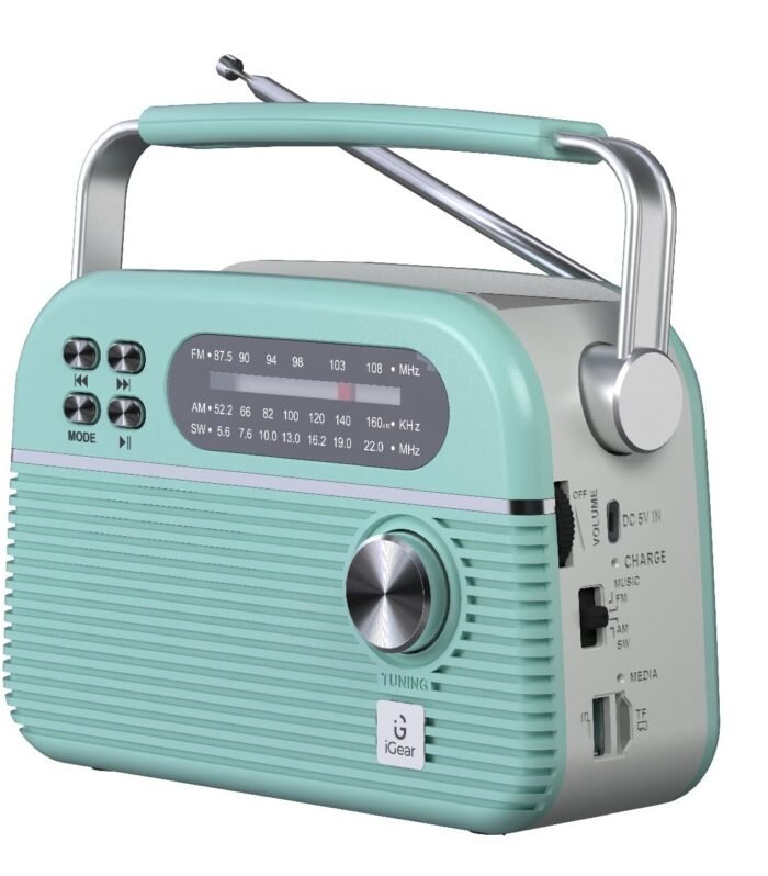 Trinity Solar-Powered MP3 Player & 3-Band Radio with FM/AM/SW, Retro Modern Style, Bluetooth, USB, TF/SD Card, 1200 mAh Rechargeable Battery, Solar Charger, 1 Year Replacement Warranty (Blue)