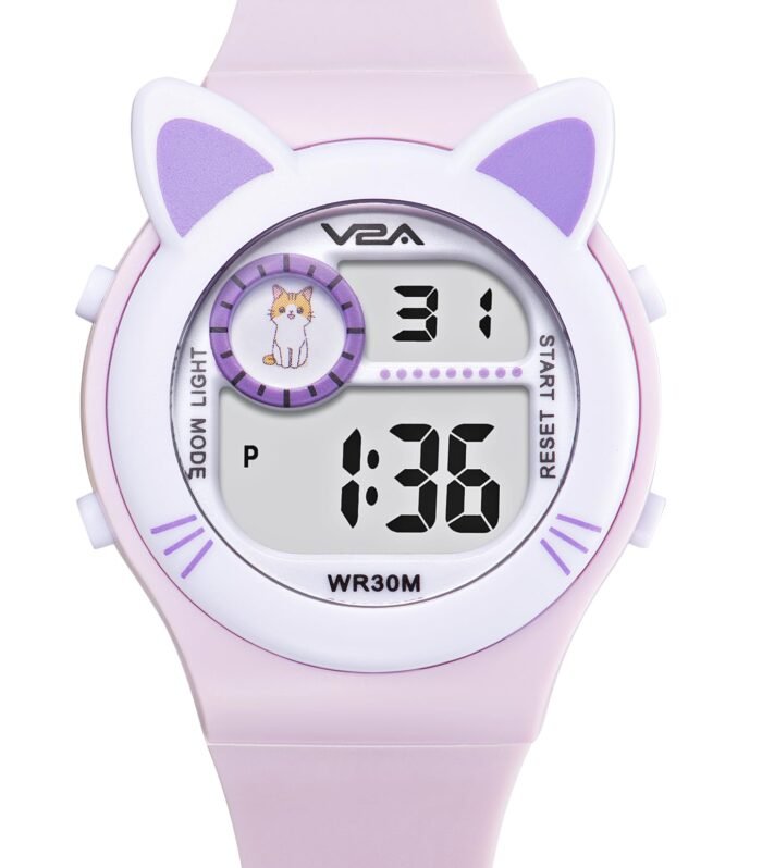 V2A Resin Critter Series Girls Digital Watch with Cat Ears for Ages 3-10-7 Color Backlight,30M Waterproof,Alarm,Stopwatch|Watch for Kids |Birthday Gift|Return Gift (Purple)