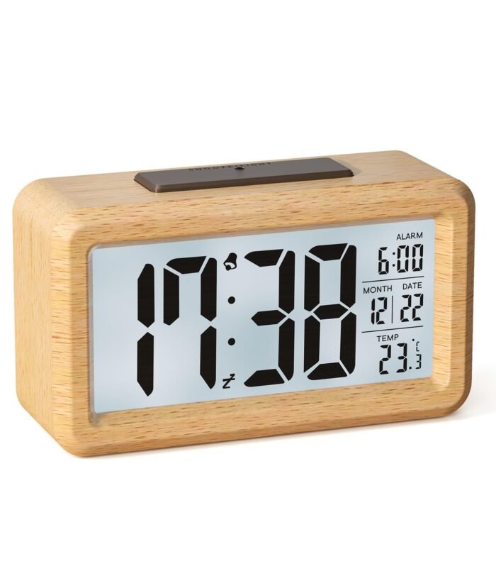 Digital Alarm Clock, Battery Operated Wooden Alarm Clock with Large LCD Display, Digital Clock with Backlight, Date, Temperature, Automatic Light Sensor, Snooze (3 AAA Batteries Included)