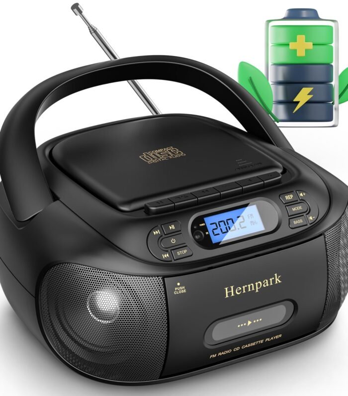 Boombox CD and Cassette Player Combo with FM Radio, Portable CD Cassette Player for Home, Built-in Stereo Speakers, Super Bass, Audio Assisted AUX Input, USB Playback