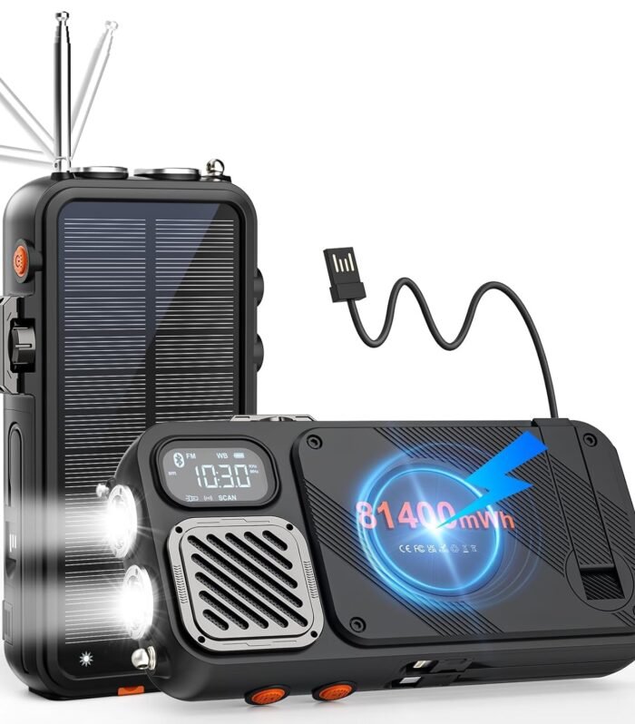 Emergency Radio & 22000mAh Solar Power Bank, FM NOAA Weather Radio, Portable Hand Crank Bluetooth Radio, 20W Fast Charge Wireless Phone Charger, SOS Flashlight for Emergency