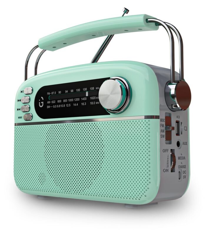iGear Evoke Retro Modern style Radio and MP3 player with FM/AM/SW, 3 bands, Bluetooth, USB, TF/SD Card, 1200mAh rechargeable battery, Solar charger, Material ABS and Metal, Colour Pearl Blue and Silver, 1 Year Free replacement warranty.