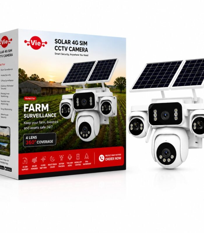 VIE Solar 4G Sim CCTV Camera Outdoor | Waterproof | 360 | 4 Lens Solar CCTV Camera | CC Camera with Night Vision Motion Tracking Two-Way Audio | Motion Alerts | Mobile App