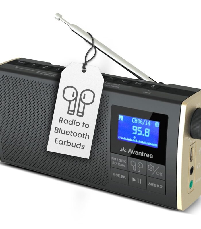 Soundbyte T - Portable FM Radio with Bluetooth Speaker, Audio Transmitting to Wireless Headphones, SD Card Player Capabilities, 11hr Rechargeable & Replaceable Battery & FM Channel Presets