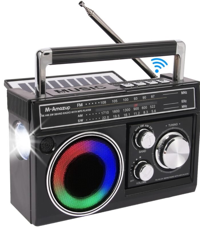 Radios Portable AM FM, Retro Portable Radio with Bluetooth Speaker and Flashlight, Strong Reception with Colorful Mood Lights, TF Card, Solar/Battery/AC Rechargeable for Gift,Elder,Home,Black