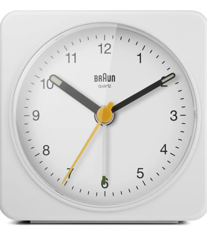 Classic Analogue Alarm Clock with Snooze and Light, Quiet Quartz Sweeping Movement, Crescendo Beep Alarm in White, Model BC03W.
