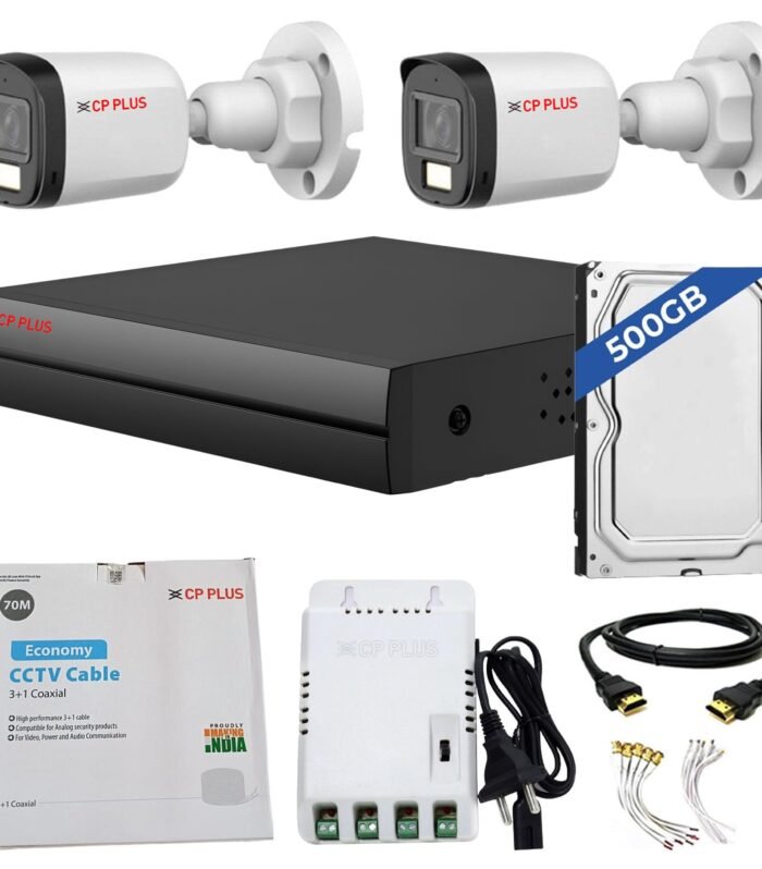 4 Channel DVR with 2MP 2X Outdoor, Built-in Audio Mic, Dual Light Color Night Vision Wired CCTV Cameras, Motion Detection, 4 Channel SMPS, 70 Meters Cable, 500 GB HDD, Required BNC/DC