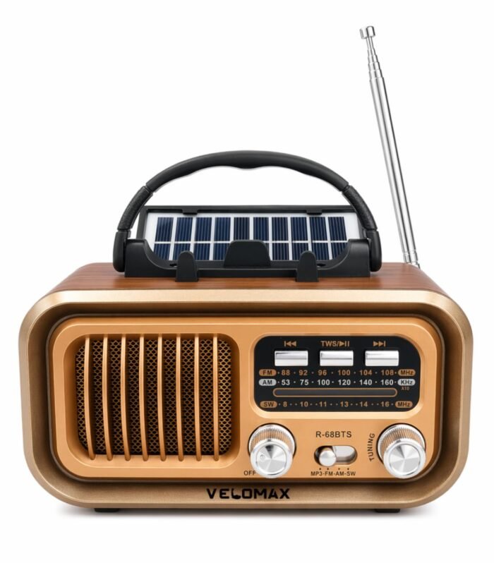Radio FM for Home with Speaker, FM Radio with Bluetooth 5.0, AM/FM/SW Portable Retro Radio with Solar Panel, USB-C Charging, Rechargeable Battery, USB & TF Card Playback