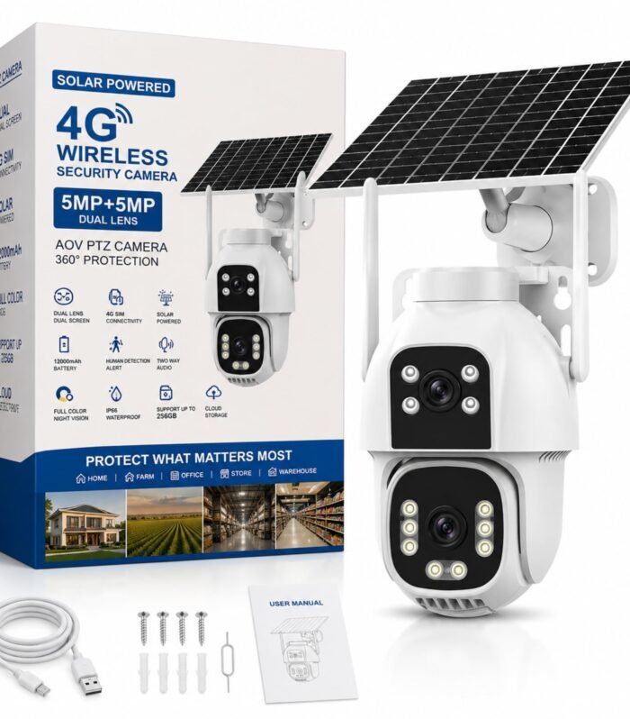 VIE Solar Camera Outdoor Waterproof 4G SIM CCTV Camera, 4MP Dual Lens PTZ, 360 Degree with 10X Zoom, Motion Detection, Two-Way Audio, Night Vision, IP66 Waterproof, Mobile App Monitoring