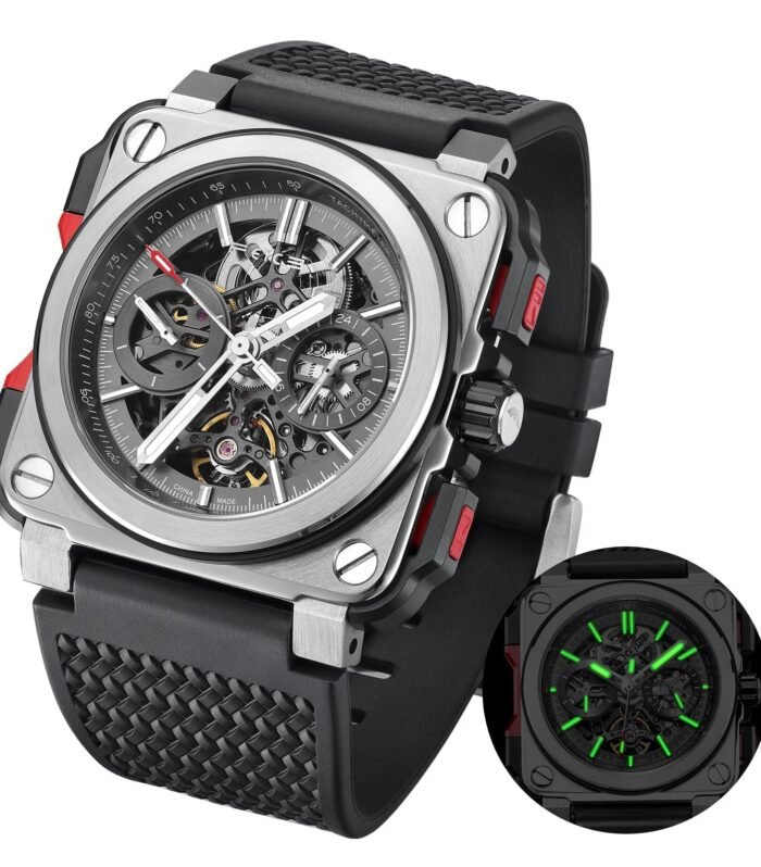 FM507 Men's Automatic Skeleton Black Analog-Digital Watch Mechanical Calendar Mens Black Wristwatch Square Sport Luminous Clock Watches 10ATM Waterproof Watches, Sport